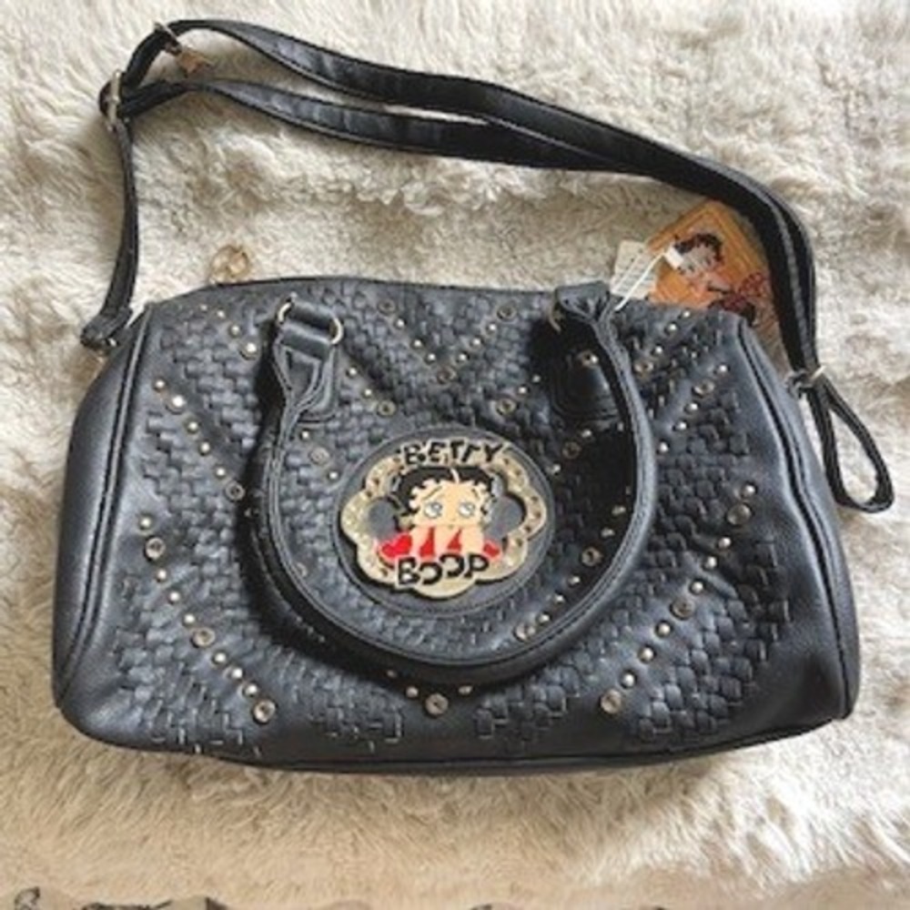 Betty Boop Black Woven Faux Leather Studded Satchel Crossbody Bag Y2K Retro